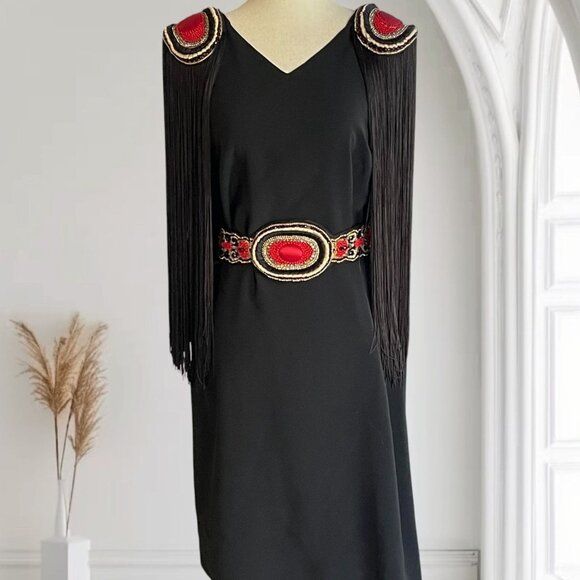 La Perla Dresses & Skirts - Vtg La Perla Black Beaded Epaulet Long Fringe Scoop Open Back Dress IT 44 US 8